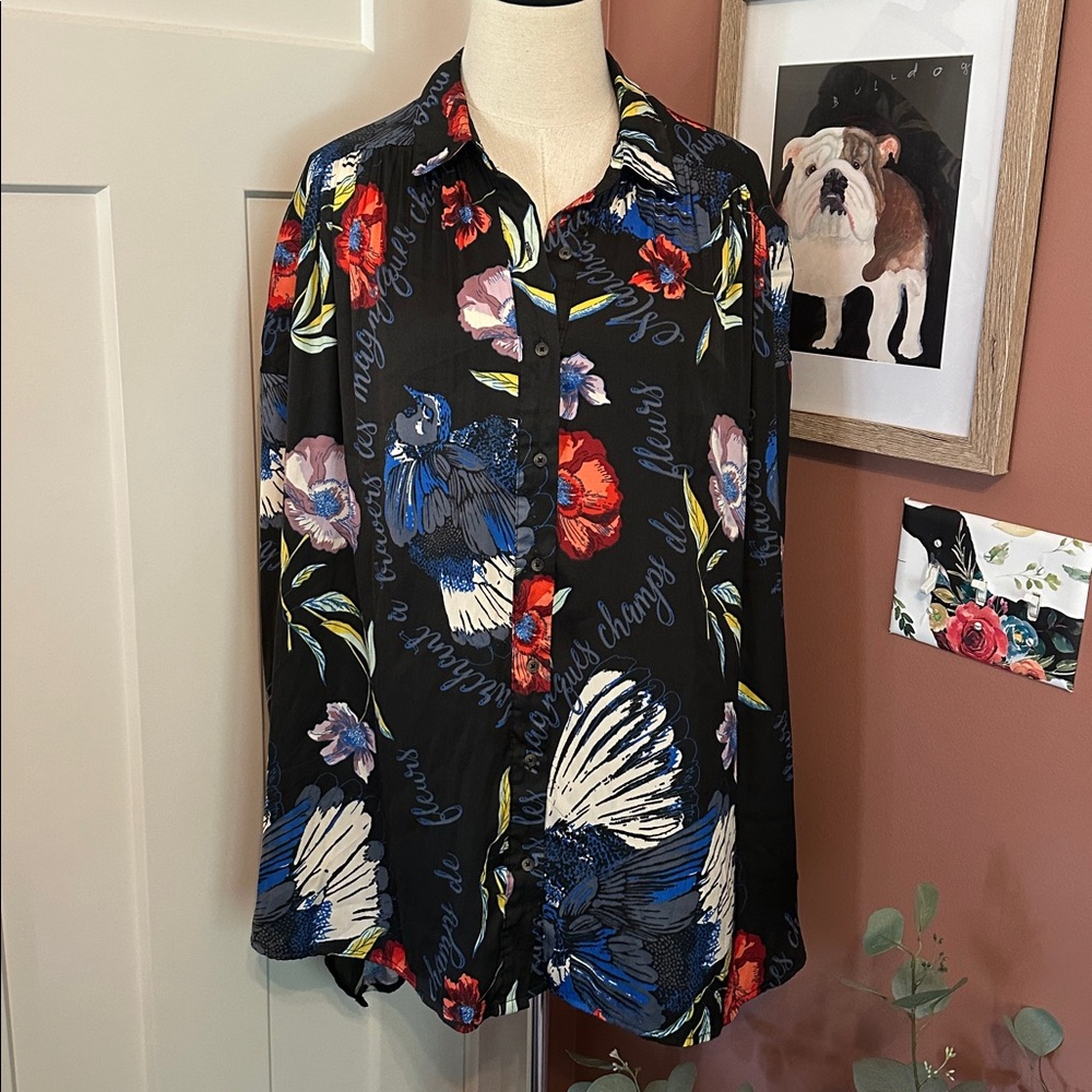 Free People Silky Nights Floral birds whimsical Black M oversized hi lo blouse - Picture 3 of 11